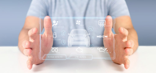 Man holding a Dashboard smartcar interface dashboard 3d rendering