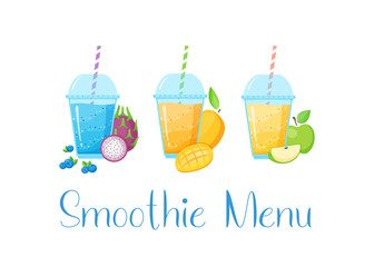 Vegeterian smoothie shake cocktail collection vector illustration. Isolated on white background set of glass with layers of sweet vitamin juice shake with fresh fruits for smoothies fitness bar design