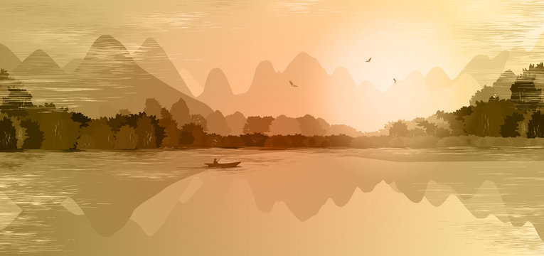 Mountain landscape in orange colors. Mountains, hills, forest, mountain lake or river, a lonely man in a boat fishes. Three birds fly over the mountains. Foggy morning. Outdoor recreation.  Vector