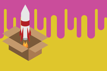 Fire launching rocket carton box. Starting up project. Fuel inspiration Design business concept. Business ad for website and promotion banners. empty social media ad