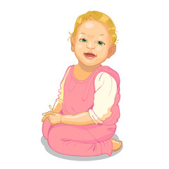 Realistic little baby in pink suit. Cartoon baby character.