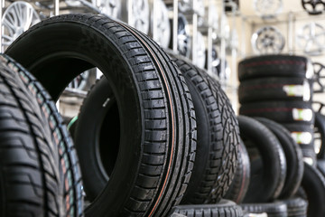 Fototapeta na wymiar Car tires in automobile store