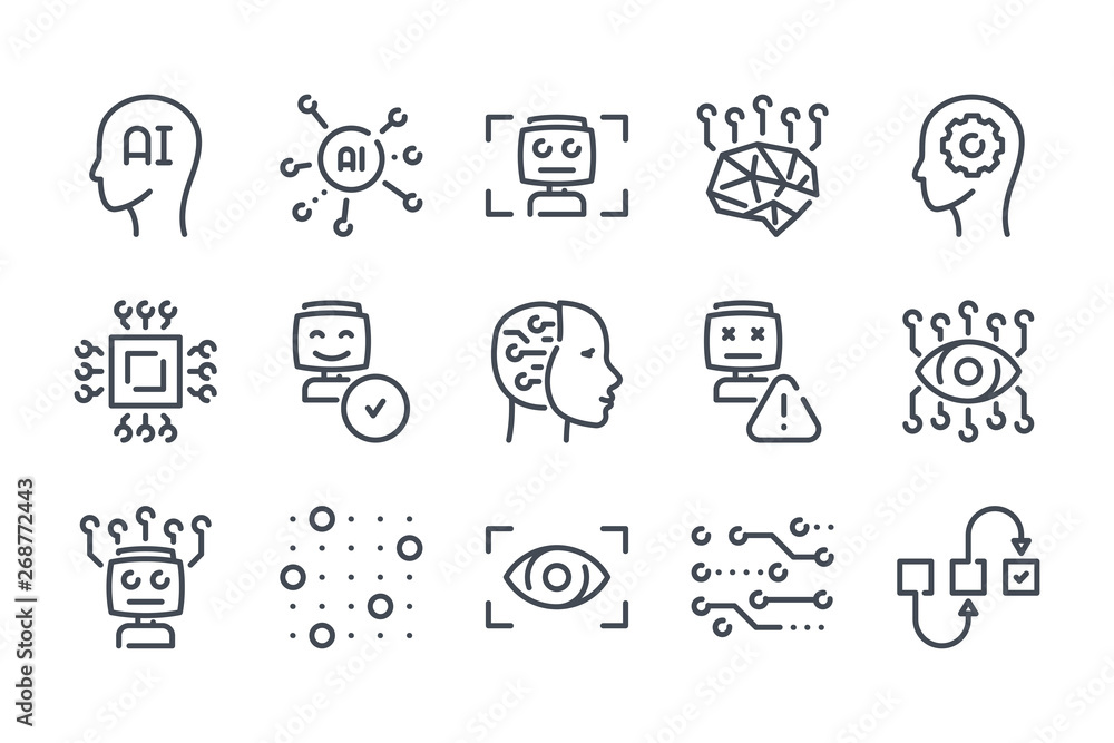 Poster artificial intelligence related line icon set. technology and robot machine linear icons. algorithm 