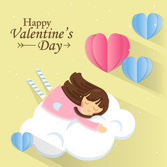 Greeting card for Valentine's Day. Sweet girl on cloud with Paper heart on pastel background.