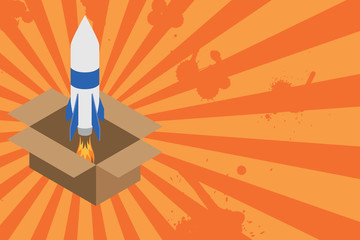 Fire launching rocket carton box. Starting up project. Fuel inspiration Business Empty template for Layout for invitation greeting card promotion poster voucher