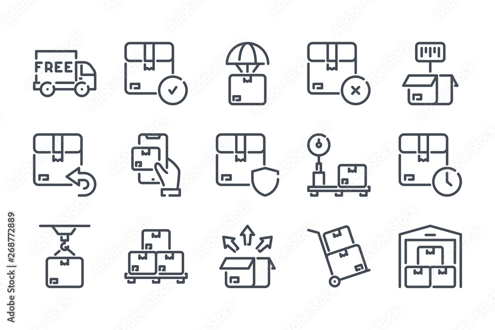 Poster delivery related line icon set. shipping linear icons. storage and distribution outline vector signs