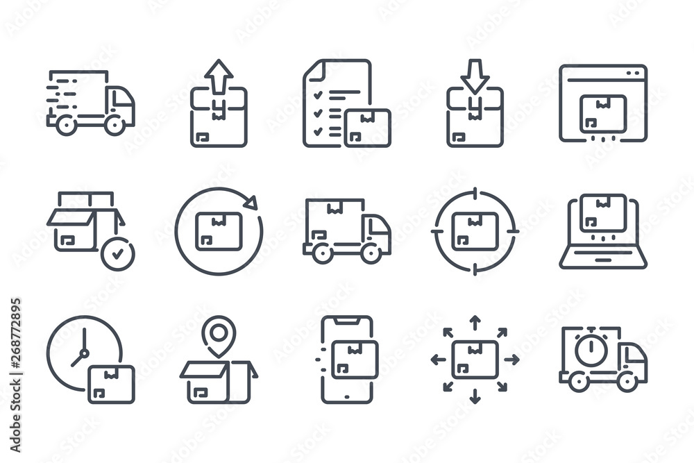 Poster delivery related line icon set. export and import linear icons. logistic outline vector signs and sy