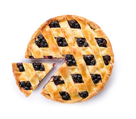 Tasty blueberry pie on white background
