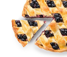 Tasty blueberry pie on white background