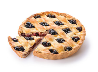 Tasty blueberry pie on white background