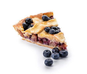 Piece of tasty blueberry pie on white background