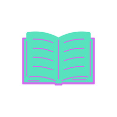 Open book with sheets and text. Flat style icon. School textbook, online learning, e-book.