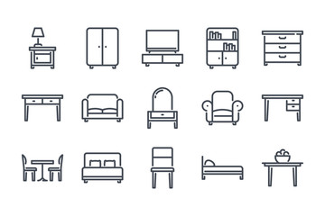 Furniture related line icon set. Сushioned furniture linear icons. Home furniture outline vector signs and symbols collection.