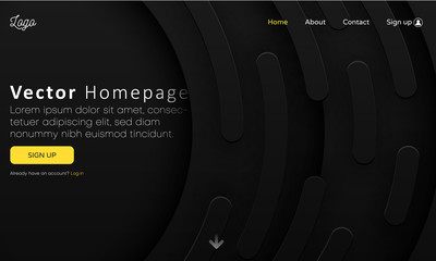 Black web homepage template with buttons and abstract geometric pattern. - obrazy, fototapety, plakaty