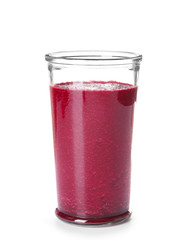 Glass of fresh beet smoothie on white background