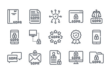 General Data Protection Regulation related line icon set. GDPR linear icons. Privacy policy outline vector signs and symbols collection.