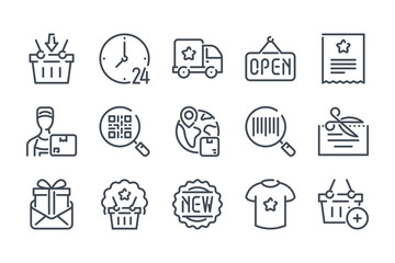Shopping related line icon set. Delivery linear icons. Retail outline vector signs and symbols collection.