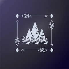 Mountains and spruce trees in square frame of arrows. Outdoor sticker. Club Emblem for shirts, posters, prints Travel template for cutting plotter. Mount and tree fir for Travel badge, stamp.