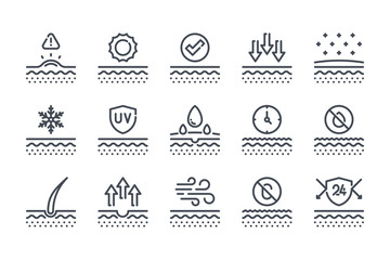 Skin related line icon set. Skin protection linear icons. Skin cells and care outline vector signs and symbols collection. - obrazy, fototapety, plakaty