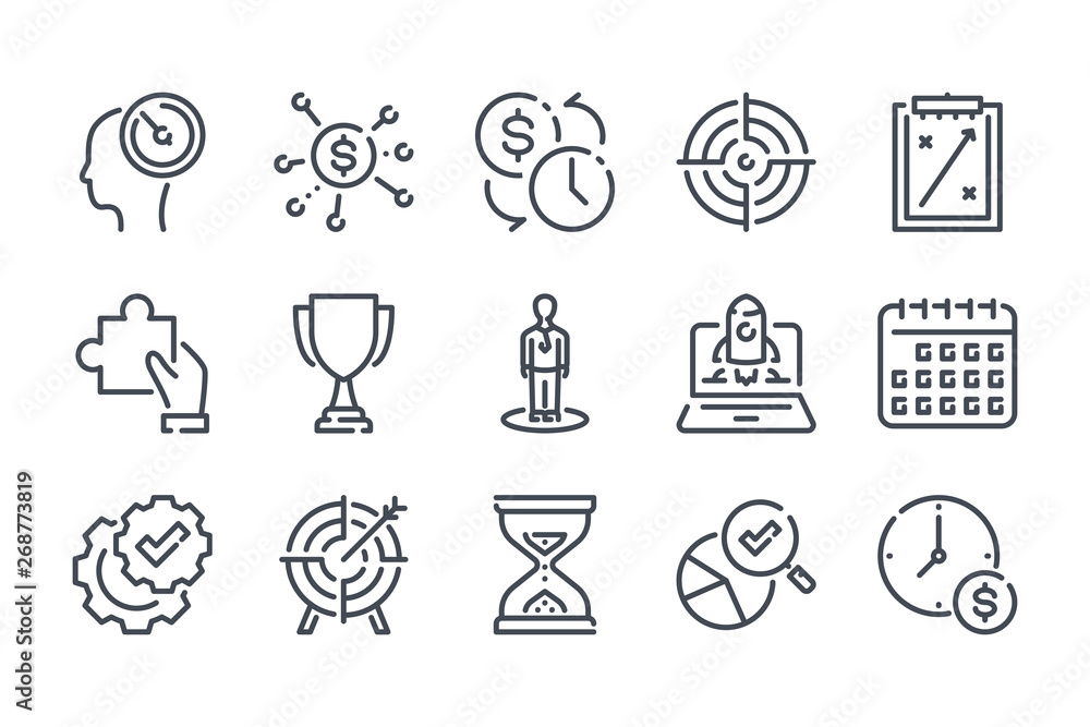 Poster strategy related line icon set. business analytics and marketing action linear icons. plan and forec