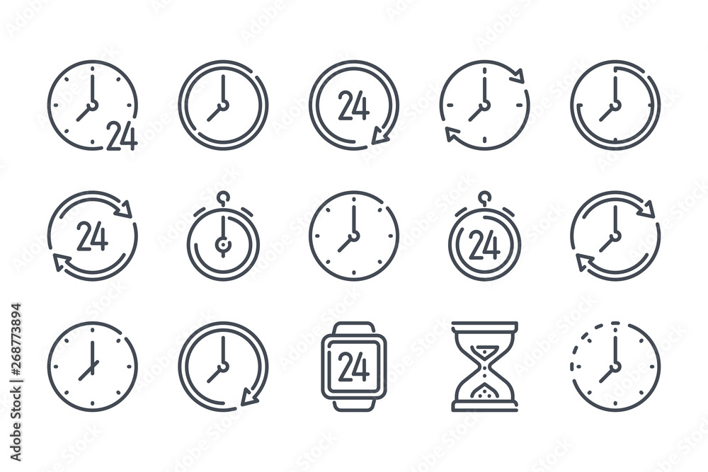 Poster time and clock related line icon set. watch and timer furniture linear icons. time management outlin