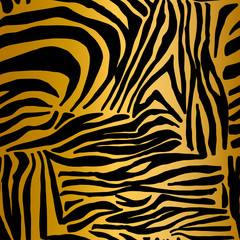 Zebra skin. Golden seamless pattern on black. Elegant texture with foil effect. Animal print. Vector background