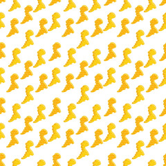 Dino cracker pattern. Seamless tile for printing on fabric, wall decor. Yellow cookies dinosaurs. Funny vector illustration. For decor, nursery, blog, clothing, textiles. Stylized animal silhouette
