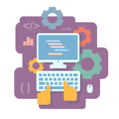 Programming and and coding flat concept. App development, SEO, software coding, testing, debugging Infographics