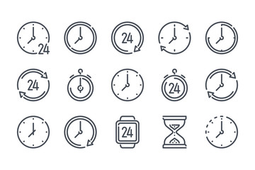 Time and clock related line icon set. Watch and timer furniture linear icons. Time management outline vector signs and symbols collection.