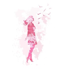 Obraz na płótnie Canvas Watercolor dancing silhouette of girl with birds.Freedom concept design