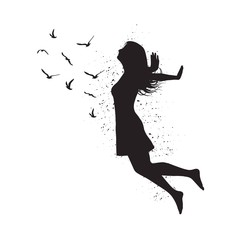 Silhouette of freedom girl with  birds. Vector fashion illustration © designervector