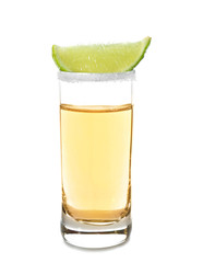 Shot of tequila on white background