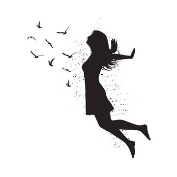 Silhouette of freedom girl with  birds. Vector fashion illustration