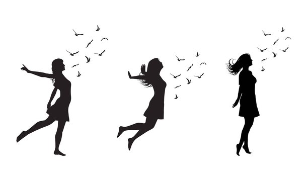 Set of Silhouette of freedom girl with  birds. Vector fashion illustration