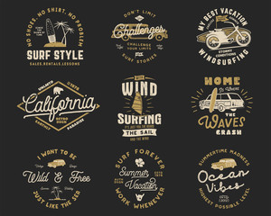 Vintage Surfing Graphics Set and Emblems for web design or print. Surfer logo templates. Surf Badges. Summer typography insignia collection for t shirt. Stock Vector hipster patches isolated