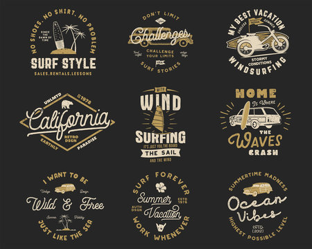 Vintage Surfing Graphics Set and Emblems for web design or print. Surfer logo templates. Surf Badges. Summer typography insignia collection for t shirt. Stock Vector hipster patches isolated