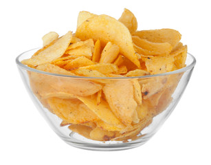 Potato chips on bowl isolated on white background