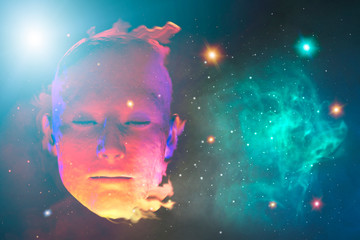 3D render face of man in space as a symbol of philosophy and psychology of dreams inner   reality,...