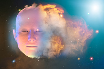 3D render face of man in space as a symbol of philosophy and psychology of dreams inner   reality, mental health, imagination, thinking and dreaming - obrazy, fototapety, plakaty