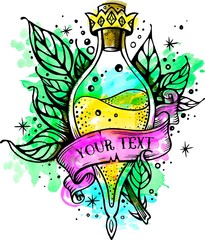 Witch and magic flask potion item illustration. Line art potion of good luck. Watercolor tattoo. Vector