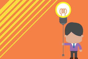 Standing man tie holding plug socket light bulb to connect idea. Startup Copy Space design Empty template text for Ad, promotion, poster, flyer, web banner, article