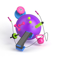 3d-illustration of the fitness equipment: fitball, weight, dumbbells, water bottle, jump rope, apples, step platform