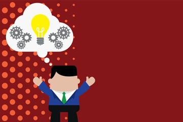 Standing man suit hands up imaginary bubble light bulb gears working together Design business concept Empty copy text for Web banners promotional material mock up template.