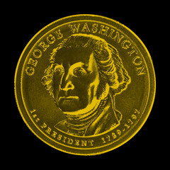 Coin presidential dollar series. Obverse of the gold coin. Golden American money on a black background.
