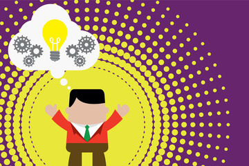 Standing man suit hands up imaginary bubble light bulb gears working together Design business concept Empty copy text for Web banners promotional material mock up template.