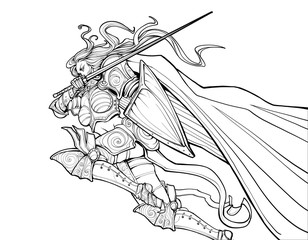 Girl knight rushes into battle in armor holding a shield and a sword