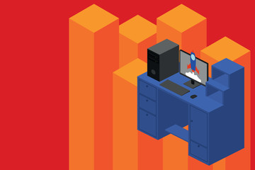 Working desktop station drawers personal computer launching rocket clouds. Design business concept Empty copy text for Web banners promotional material mock up template