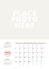 Wall calendar planner template for February 2019. Week starts on Monday. Vector illustration. Stationery print design