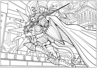 Coloring page for adults . Girl knight rushes into battle in armor holding a shield and a sword