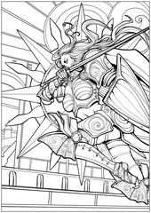 Coloring page for adults . Girl knight rushes into battle in armor holding a shield and a sword